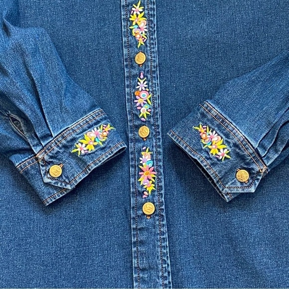 Bob Mackie Wearable Art Embroidered Maypole Dance Denim Button Down Shirt 3X - Picture 8 of 14